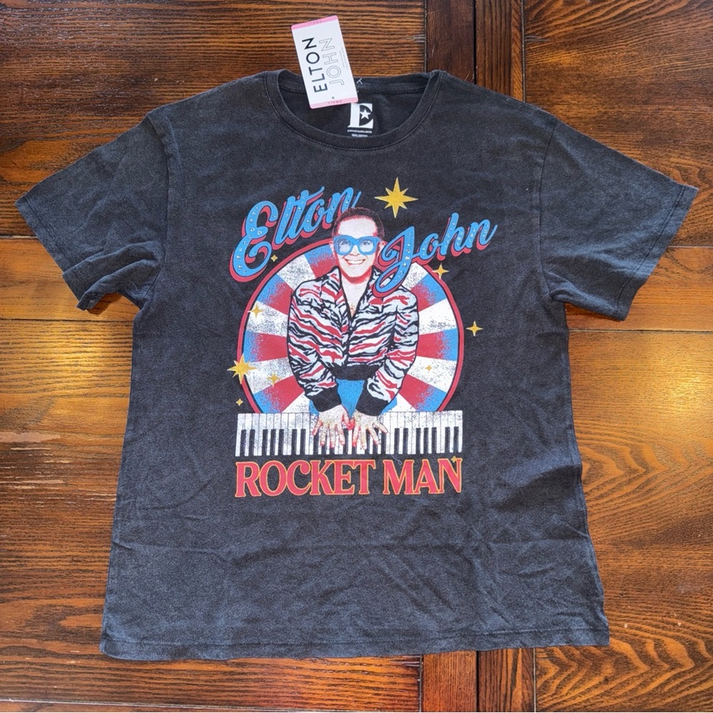 NWT ELTON JOHN SOFT Crewneck Black Band TEE Rhinestones Licensed Women’s
